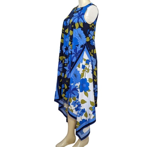 Maggy London sleeveless blue floral scarf‎ asymmetrical hem summer dress Size 2 - Picture 4 of 10